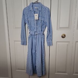 Free Assembly Blue and White Long Sleeve Shirt Dress